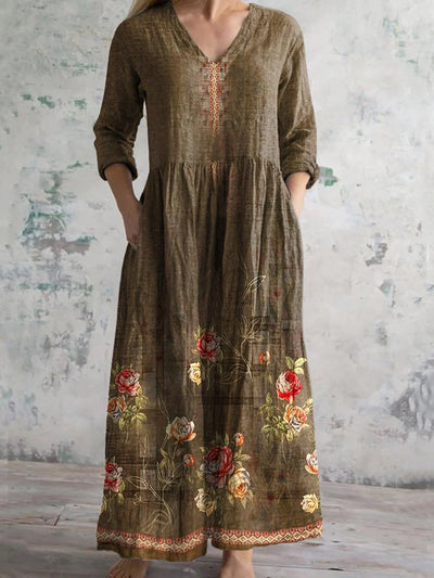 Boho Paisley Floral Printed V Neck Vintage Elegant Long Sleeve Midi Dress