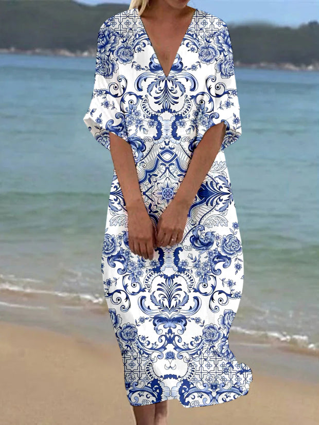 Boho Paisley Printed V-Neck Elegant Silk Loose Short Sleeves Midi Dress