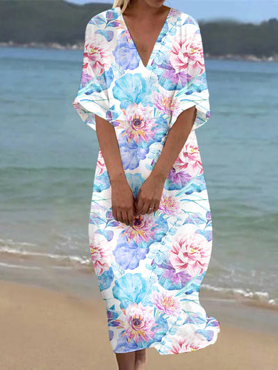 Retro Leaf Floral Printed V-Neck Elegant Silk Loose Short Sleeves Midi Dress