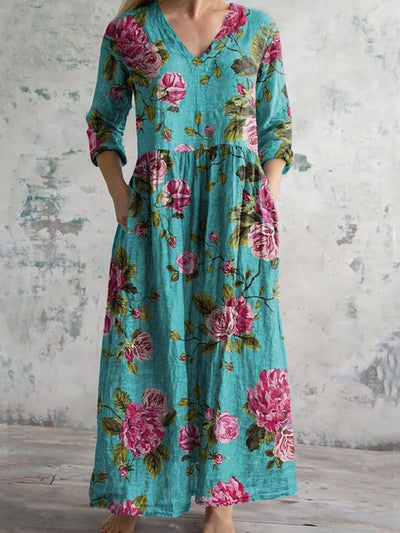 Retro Floral Printed V Neck Vintage Elegant Long Sleeve Midi Dress