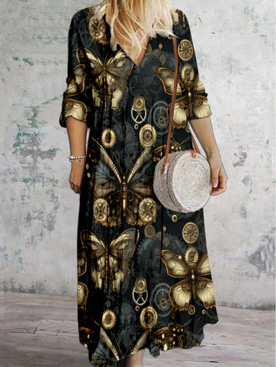 Grace Abstract Printed V Neck Vintage Elegant Long Sleeve Midi Dress
