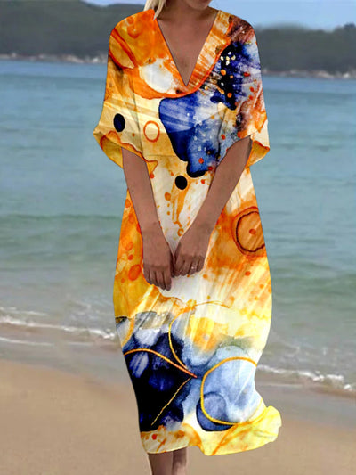 Grace Abstract Color Printed V-Neck Elegant Silk Loose Short Sleeves Midi Dress