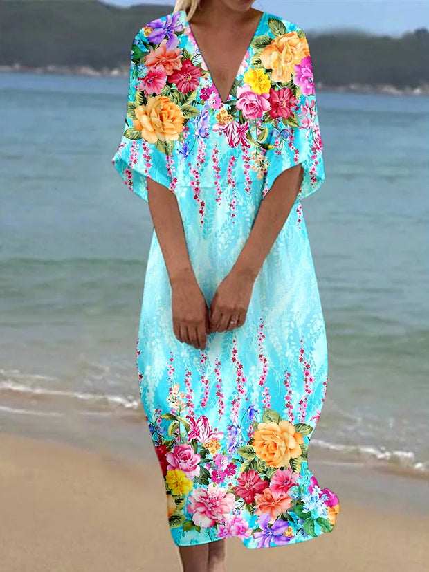 Retro Floral Printed V-Neck Elegant Silk Loose Short Sleeves Midi Dress