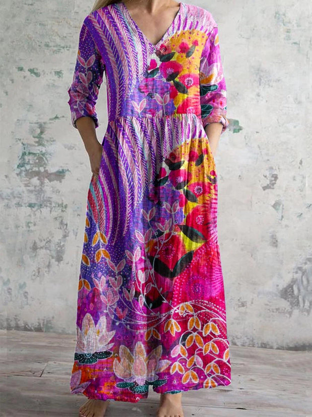 Boho Paisley Floral Printed V Neck Vintage Elegant Long Sleeve Midi Dress