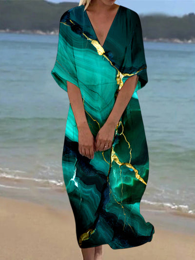 Fantasy Grace Abstract Printed V-Neck Elegant Silk Loose Short Sleeves Midi Dress