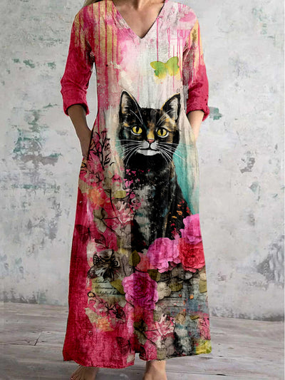 Retro Cat Floral Printed V Neck Vintage Elegant Long Sleeve Midi Dress