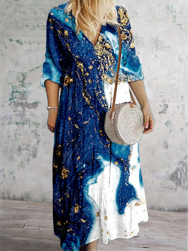 Grace Abstract Color Printed V Neck Vintage Elegant Long Sleeve Midi Dress