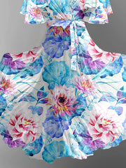 Retro Leaf Floral Printed V-Neck Vintage Chic Strap Short Sleeve Midi Dress