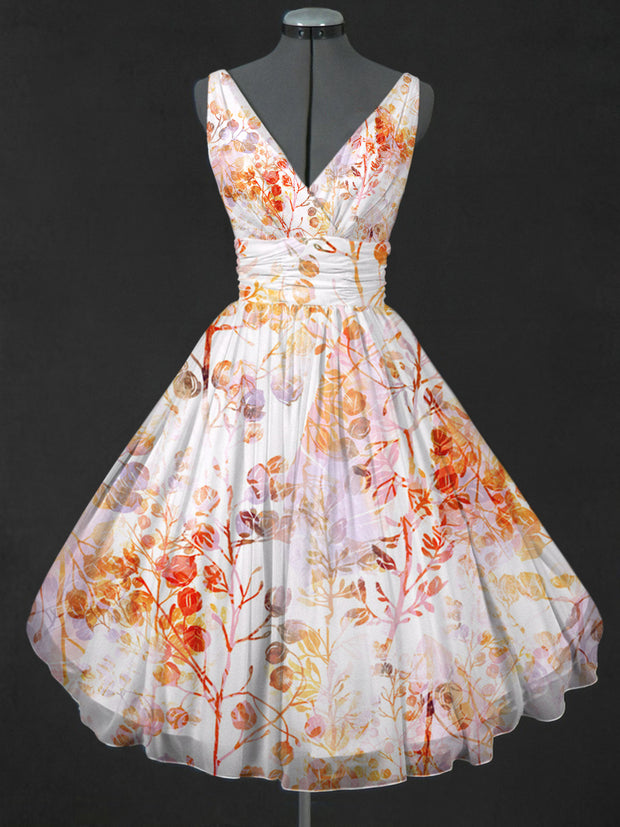 Retro Floral Printed V-Neck 50's Vintage Fashion Sleeveless Midi Dress