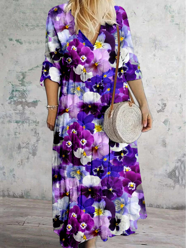 Floral Boho Paisley Printed V Neck Vintage Elegant Long Sleeve Midi Dress