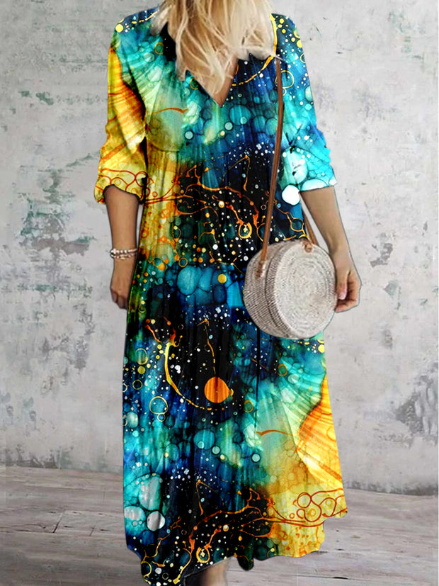 Grace Abstract Color Printed V Neck Vintage Elegant Long Sleeve Midi Dress