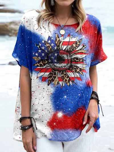Independence Day Printed Vintage Art Crew Neck Cotton Comfort Blouse