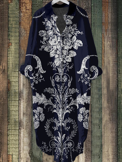 Floral Boho Paisley Printed Elegant Vintage Lapel Loose Long Sleeve Midi Shirt Dress
