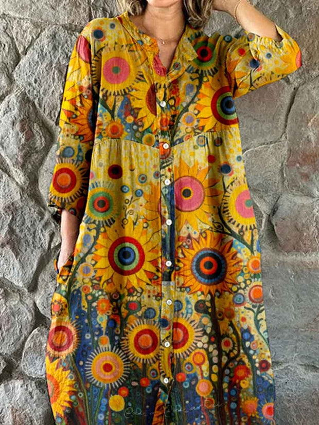 Retro Leaf Floral Print Vintage Chic V-Neck Button Up Long Sleeve Midi Dress
