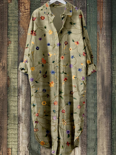 Retro Leaf Floral Printed Elegant Vintage Lapel Loose Long Sleeve Midi Shirt Dress