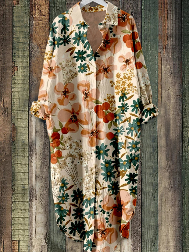 Retro Leaf Floral Printed Elegant Vintage Lapel Loose Long Sleeve Midi Shirt Dress