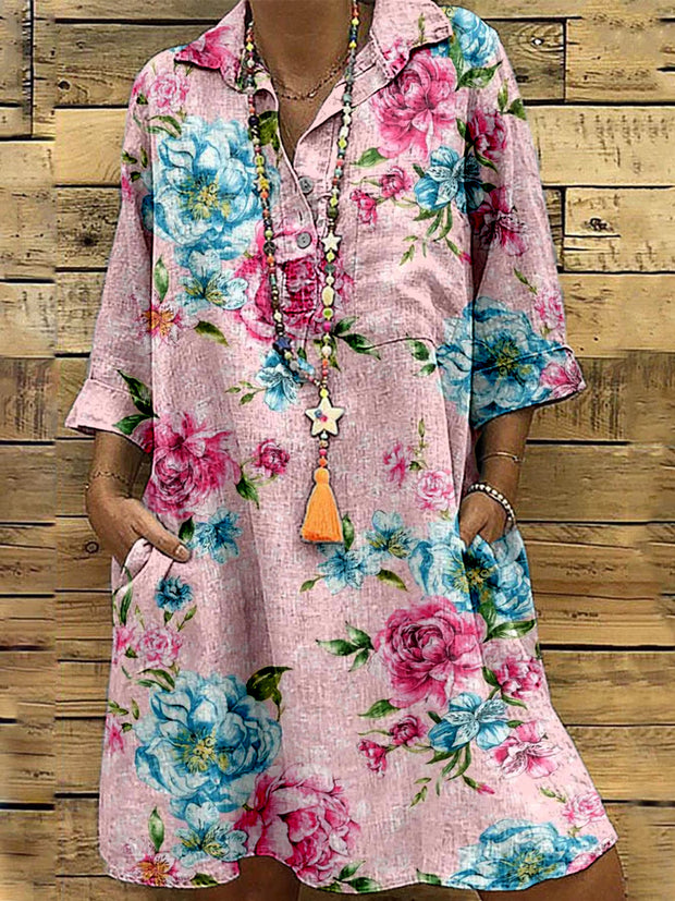 Retro Boho Floral Printed V-Neck Vintage Chic Pocket Mid Long Sleeve Midi Dress