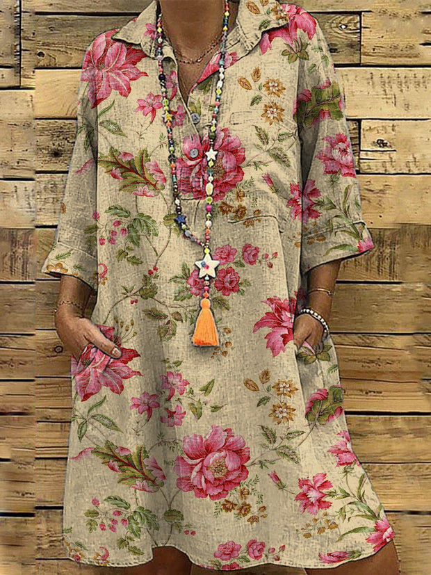 Retro Boho Floral Printed V-Neck Vintage Chic Pocket Mid Long Sleeve Midi Dress