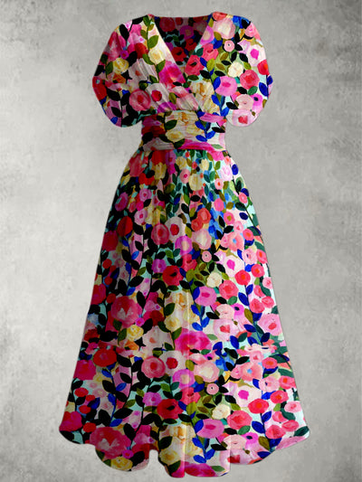 Retro Boho Floral Printed Elegant V-Neck Chic Chiffon Short Sleeve Maxi Dress