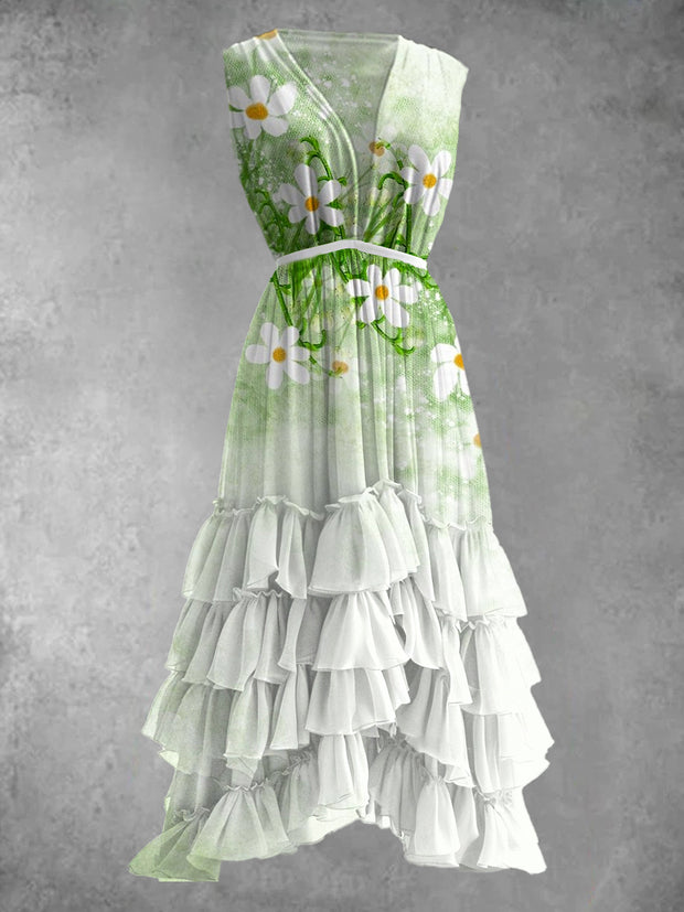 Elegant And Chic Chiffon Sleeveless Cake Midi Dress With Vintage Floral Print