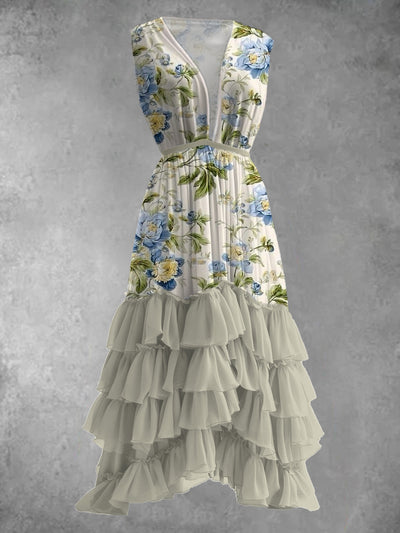 Elegant And Chic Chiffon Sleeveless Cake Midi Dress With Vintage Floral Print