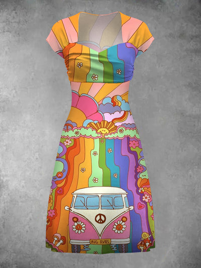 Vintage Hippie Art Print V Elegant and Chic Short Sleeve Mini Dress