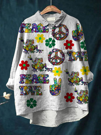 Women's Retro Hippie Art Print Casual Cotton Linen Round Neck Button Pocket Mid Long Sleeve Shirt Top