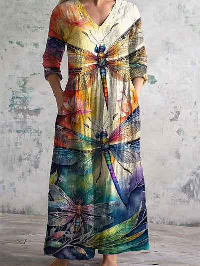 Retro Hippie Printed Chic V Neck Three Quarter Sleeve Elegant Midi Dress