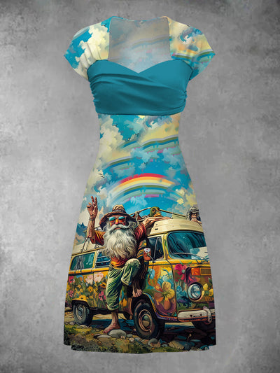 Vintage Hippie Art Print V Elegant and Chic Short Sleeve Mini Dress