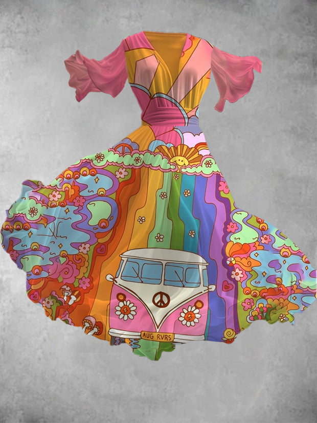Vintage Hippie Art Print V Neck Elegant and Chic Short Sleeve Flowing Midi Dress