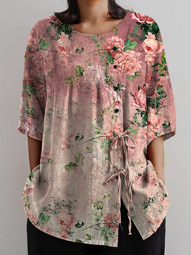 Glam Floral Art Printed Vintage Casual Tie Knots Loose Short Sleeve Shirt