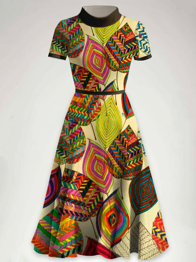 Glam Floral Art Printed Half High Round Neck Vintage Short Sleeve Midi Dress
