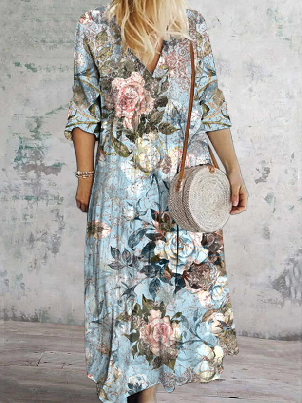 Glam Floral Art Printed V-Neck Vintage Elegant Long Sleeve Midi Dress