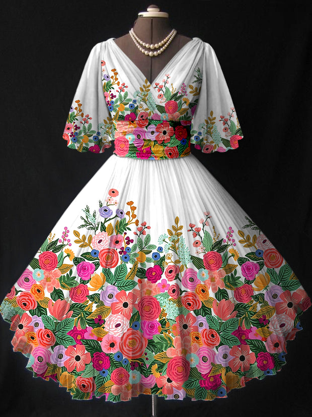 Glam Floral Art Printed V-Neck Elegant Vintage Chiffon Short Sleeve Midi Dress