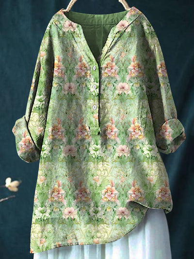 Retro Boho Floral Art Printed V-Neck Loose Button Long Sleeve Shirt
