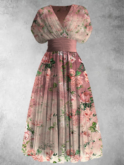 Glam Floral Art Printed Elegant V-Neck Vintage Chic Short Sleeve Maxi Dress