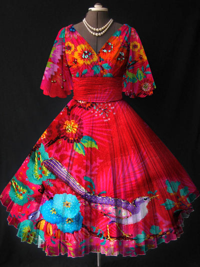 Glam Floral Art Printed V-Neck Elegant Vintage Chiffon Short Sleeve Midi Dress