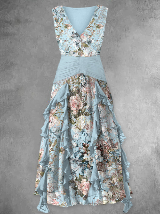 Glam Floral Art Printed Vintage V-Neck Elegant Chic Sleeveless Maxi Dress