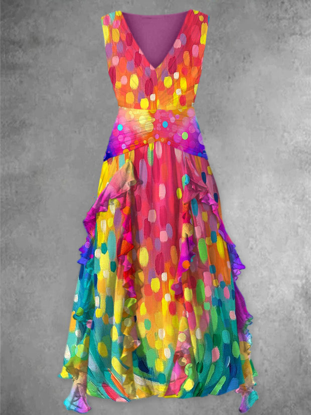 Glam Floral Art Printed Vintage V-Neck Elegant Chic Sleeveless Maxi Dress