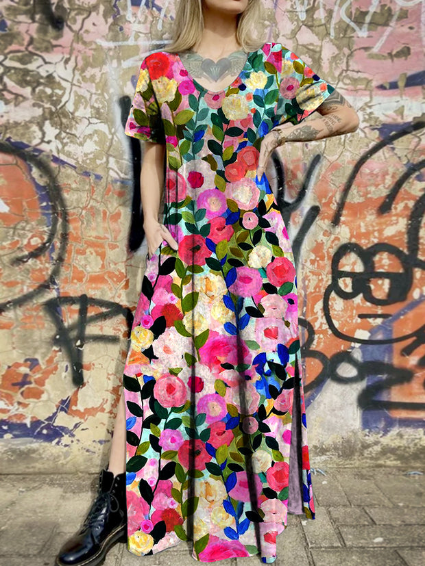 Glam Floral Art Printed V-Neck Vintage Chic Pocket Hem Slit Design Short Sleeve Maxi Dress