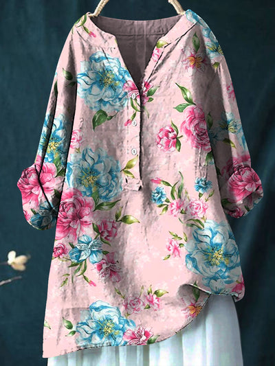 Retro Boho Floral Art Printed V-Neck Loose Button Long Sleeve Shirt