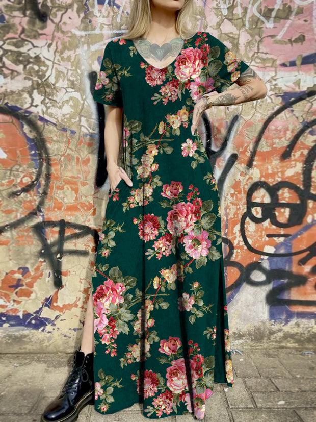 Glam Floral Art Printed V-Neck Vintage Chic Pocket Hem Slit Design Short Sleeve Maxi Dress