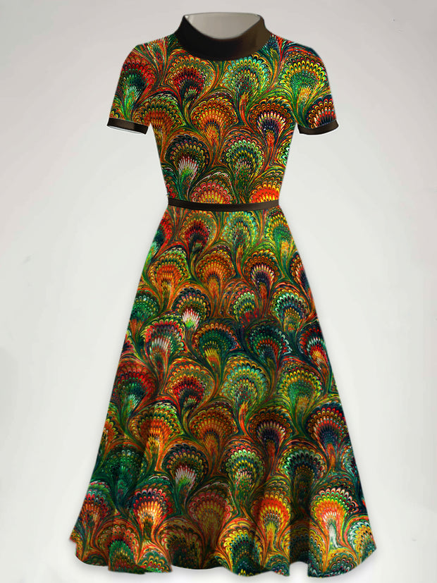 Glam Floral Art Printed Half High Round Neck Vintage Short Sleeve Midi Dress