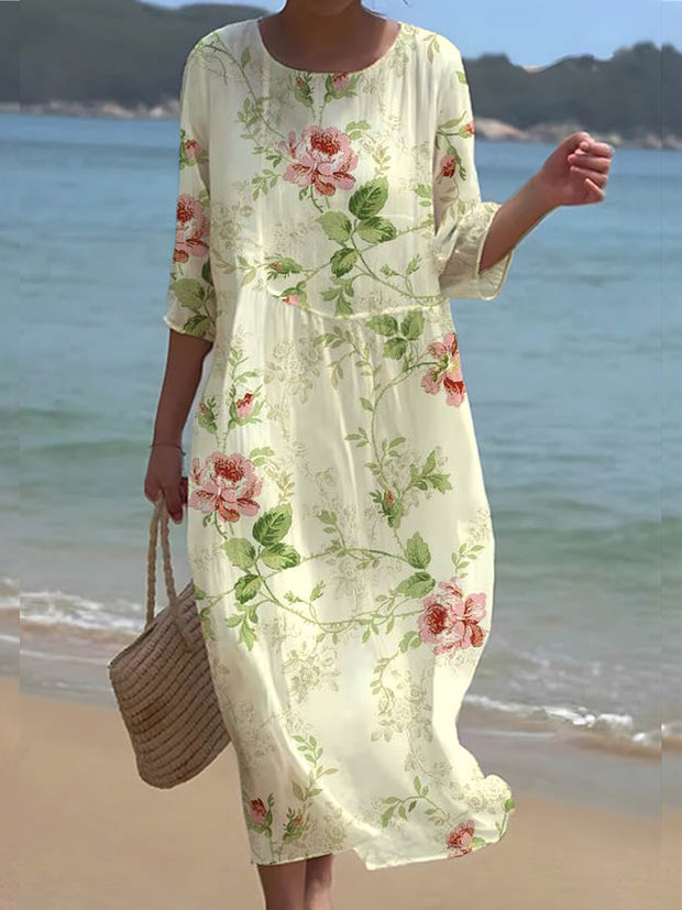 Retro Floral Art Print Chic Round Neck Three Quarter Sleeve Elegant Midi Dress