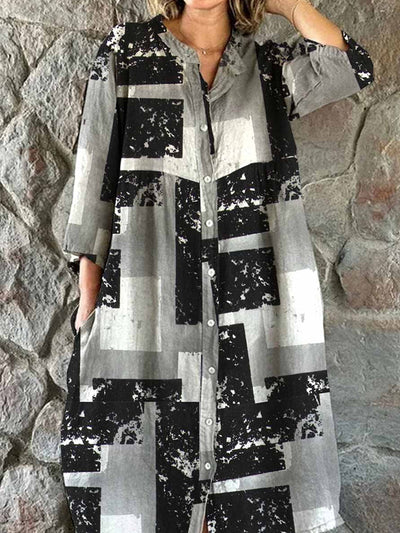 Vintage Art Sequin Art Print Chic V Neck Three Quarter Sleeve Button Up Elegant Midi Dress