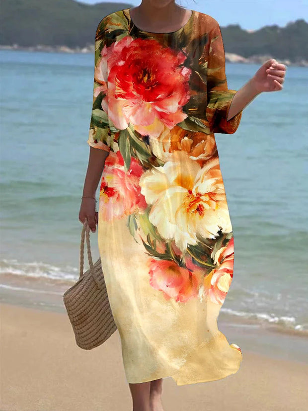 Women's Retro Floral Art Print Round Neck Short Sleeve Long Dress