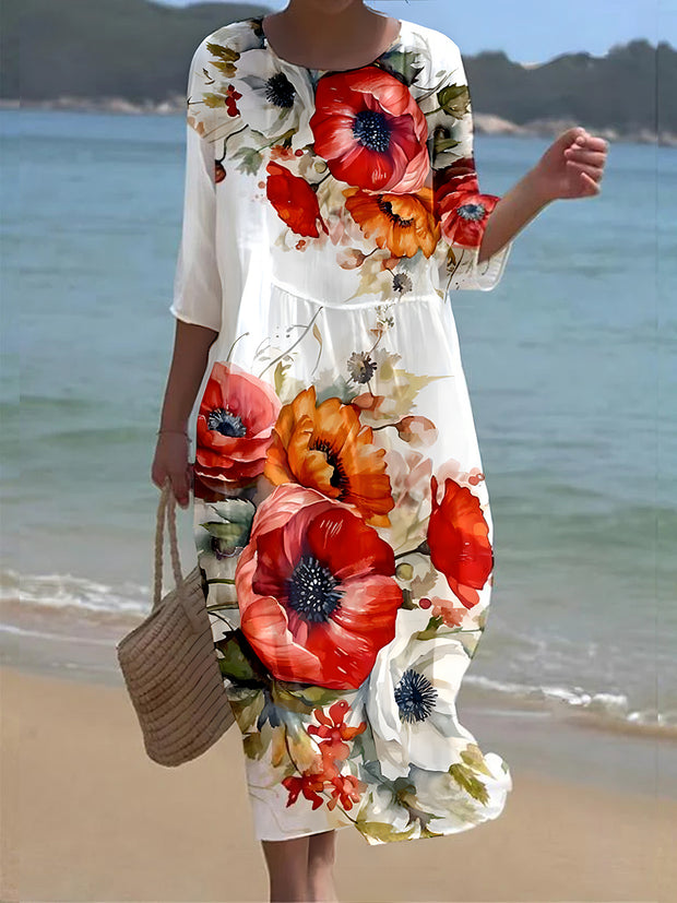 Women's Vintage Poppy Art Print V Neck Maxi Dress