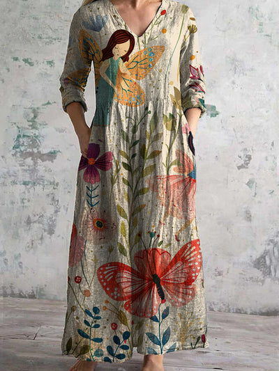 Vintage Abstract Art Print Chic V-Neck Three Quarter Sleeve Elegant Midi Dress
