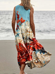 Women's Casual Round Neck Floral Print Sleeveless Midi Dress