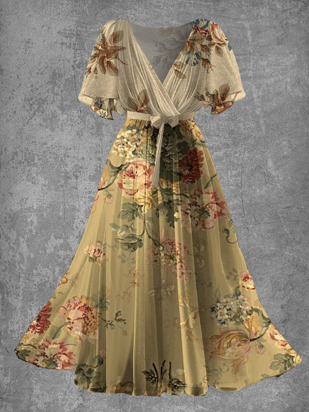Vintage Bohemian Floral Print Elegant V-Neck Chic Short Sleeve Long Dress